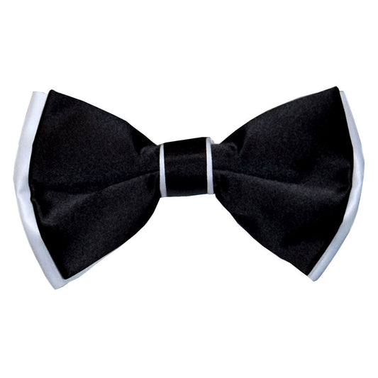 Black bow tie with white trim on a white background