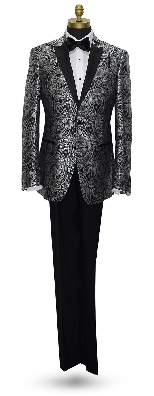 life size mannequin wearing a black tuxedo with silver paisley with black tuxedo pants and a black satin bowtie against a white background
