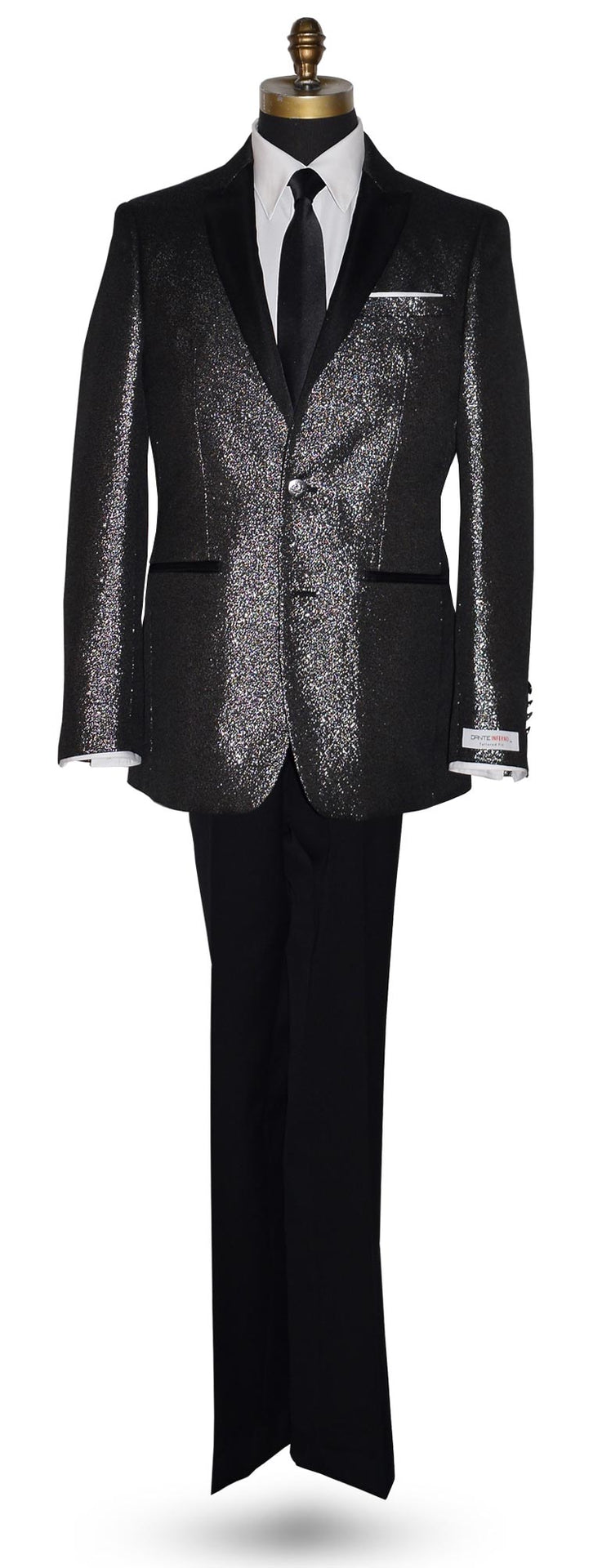 Black tuxedo with silver accents wearing a black satin necktie on a mannequin against a white background