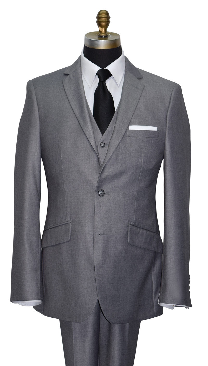 Gray 3 piece suit with a black satin necktie on a mannequin against a white background