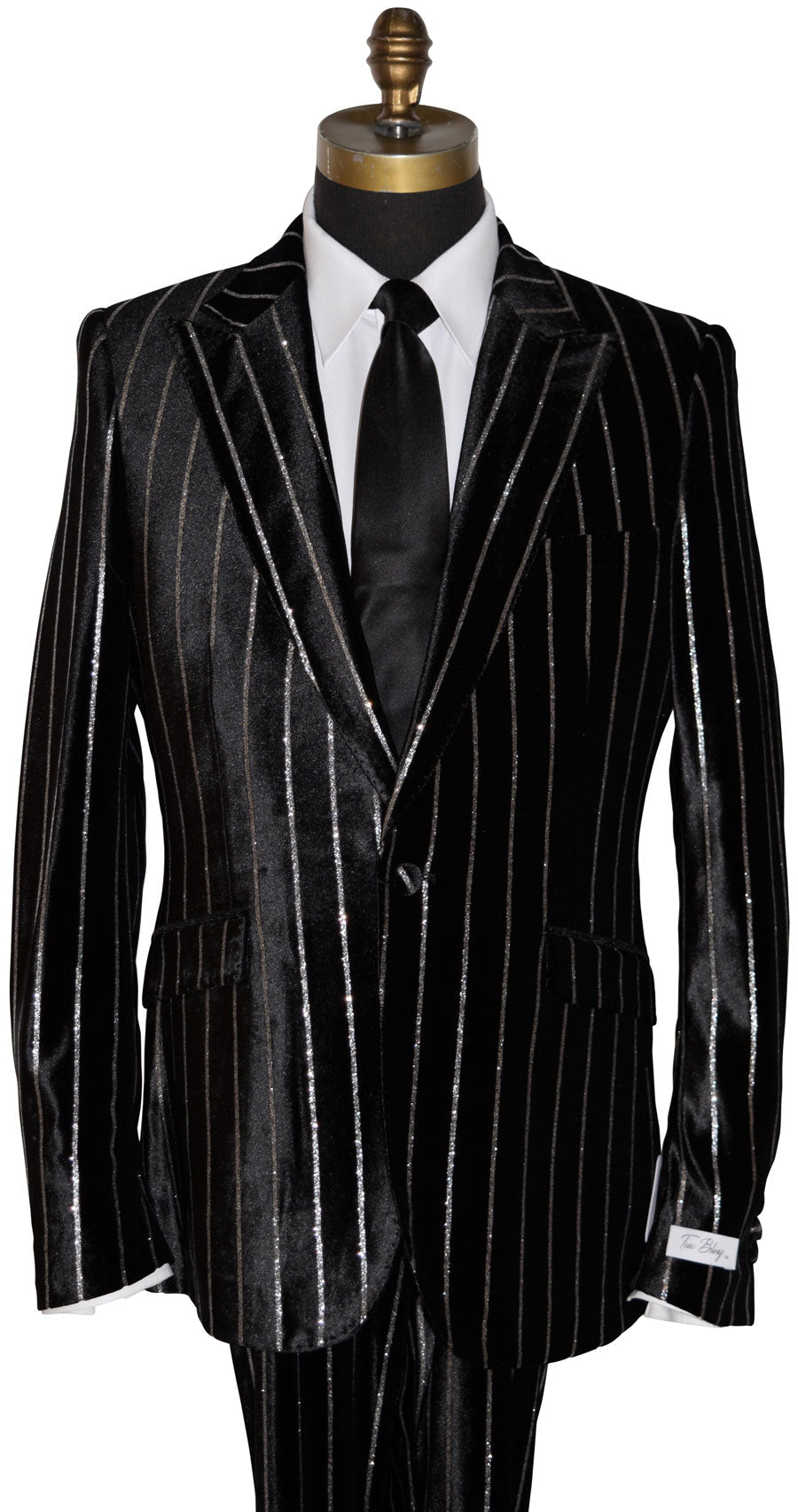 close-up front view Black pinstripe suit on a mannequin wearing a black satin necktie against a white background