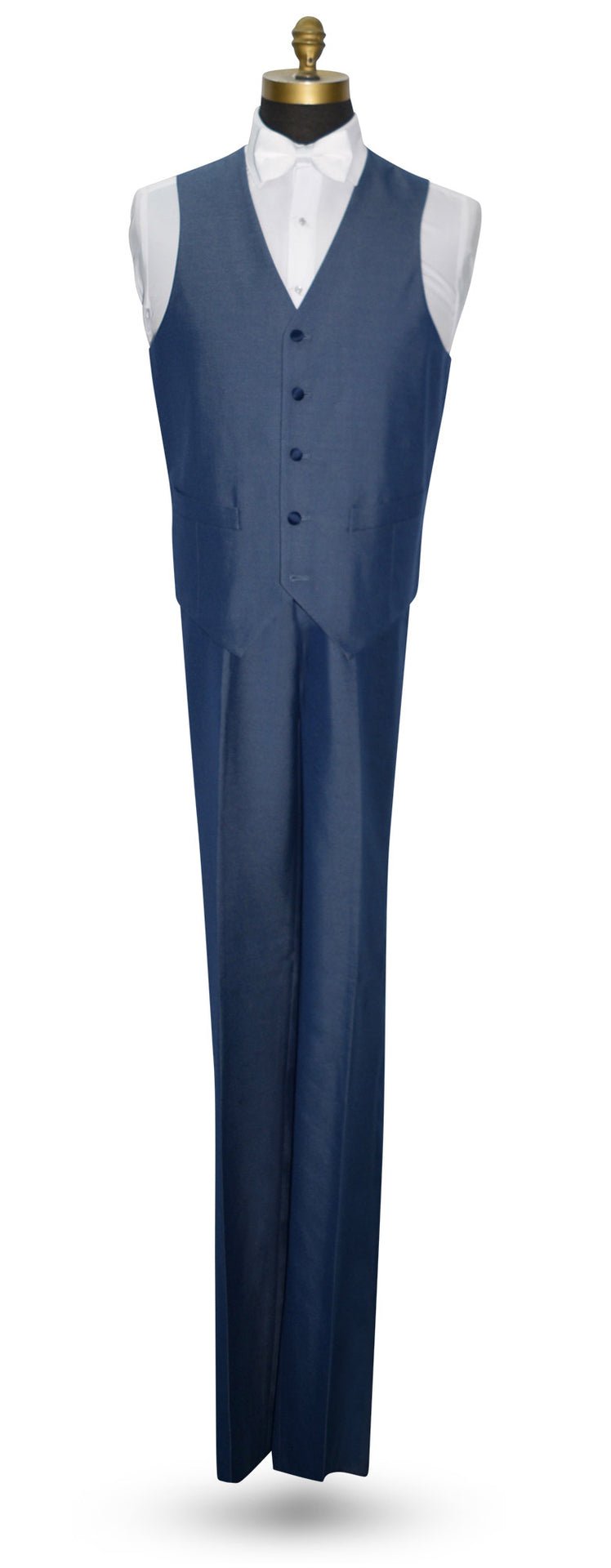 Blue 3 piece tuxedo vest with a white bowtie against a white background.