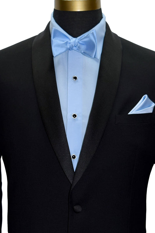 Black tuxedo with light blue tuxedo shirt and light blue bow tie and pocket square on a mannequin.