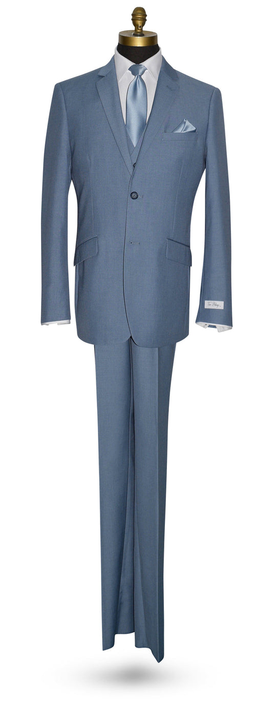 Mannequin wearing a medium shade of blue men's 3 piece suit with blue necktie against a white background.