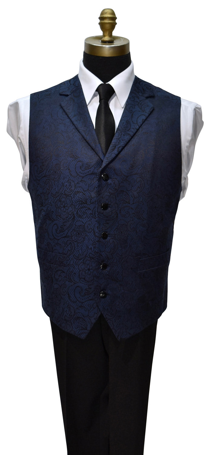 Navy blue paisley vest on a mannequin with a white shirt and black necktie against a white background