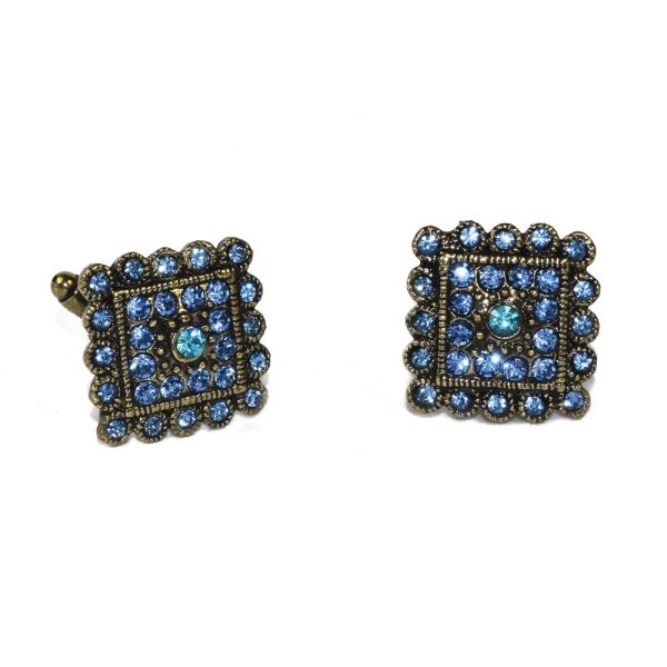 Sapphire Blue Crystal Cufflinks with Arctic Blue Center, Antique Gold Finish
