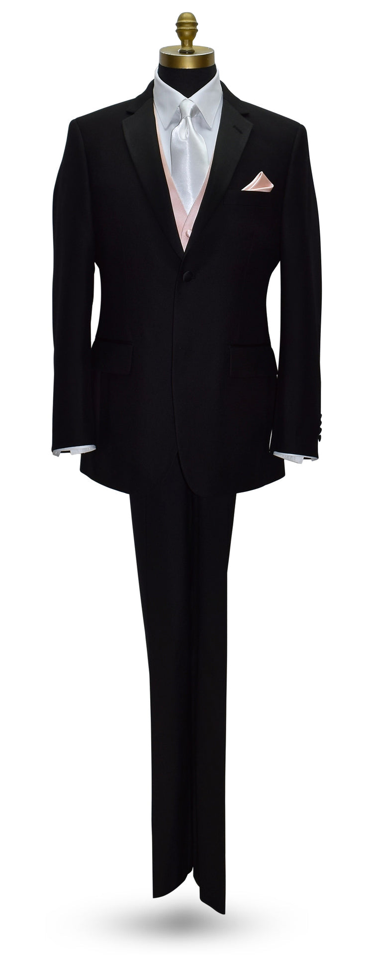 life size mannequin wearing a black notch-lapel tuxedo with a white dress shirt and a blush tuxedo vest with a white satin necktie against a white background