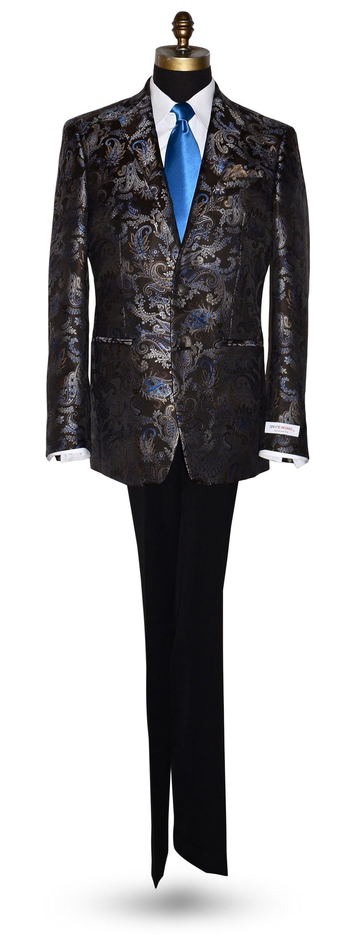 mannequin wearing a brown and blue paisley dinner jacket with long blue dress tie and a Dante Inferno Brand Label against a white background