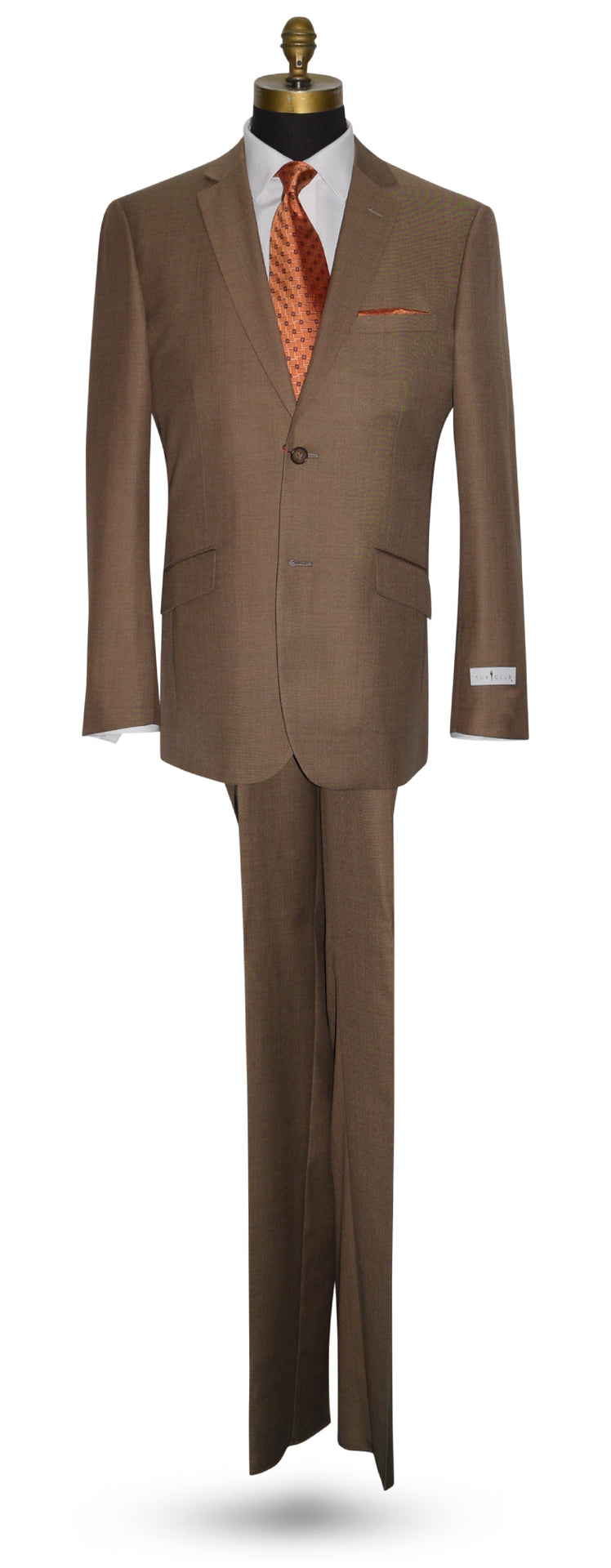 tabac brown men's 2 piece suit on a life size mannequin with an orange necktie and orange pocket handkerchief