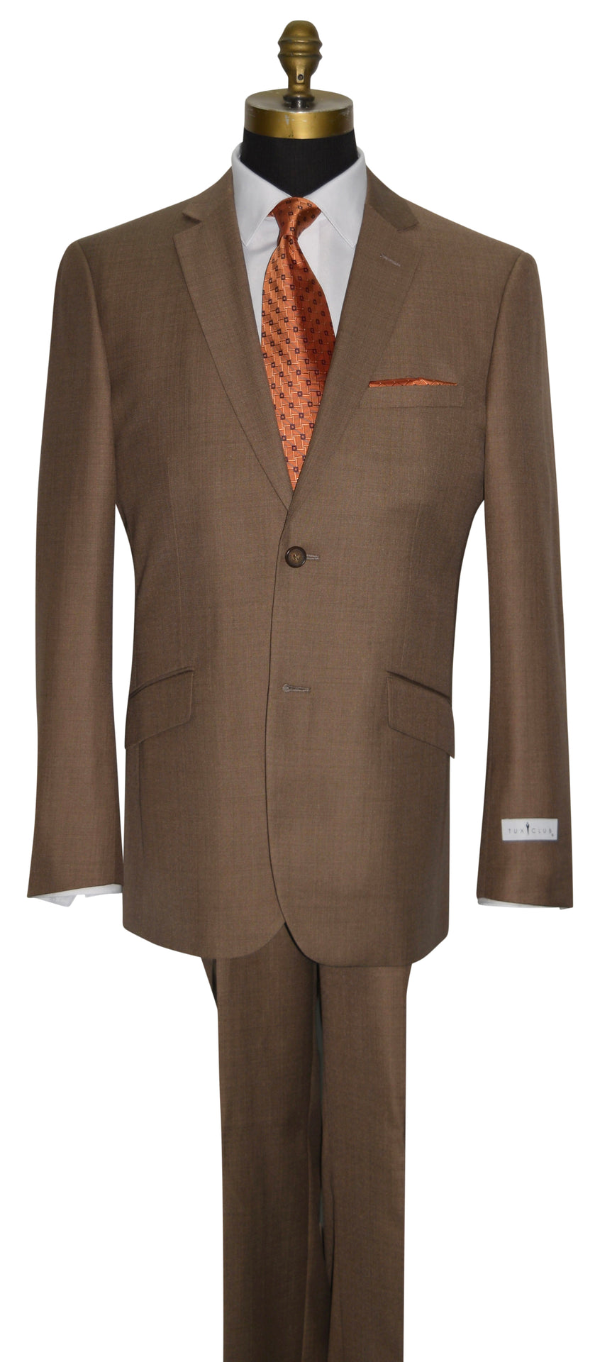 close-up front view -tabac brown men's 2 piece suit on a life size mannequin with an orange necktie and orange pocket handkerchief