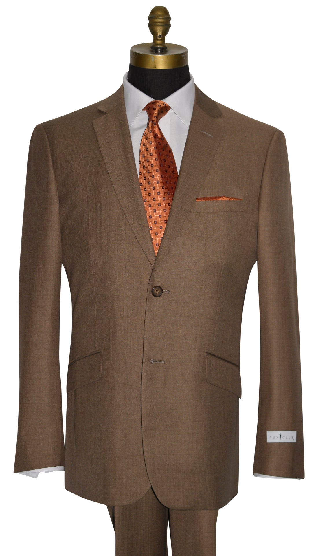 very close up - tabac brown men's 2 piece suit on a life size mannequin with an orange necktie and orange pocket handkerchief