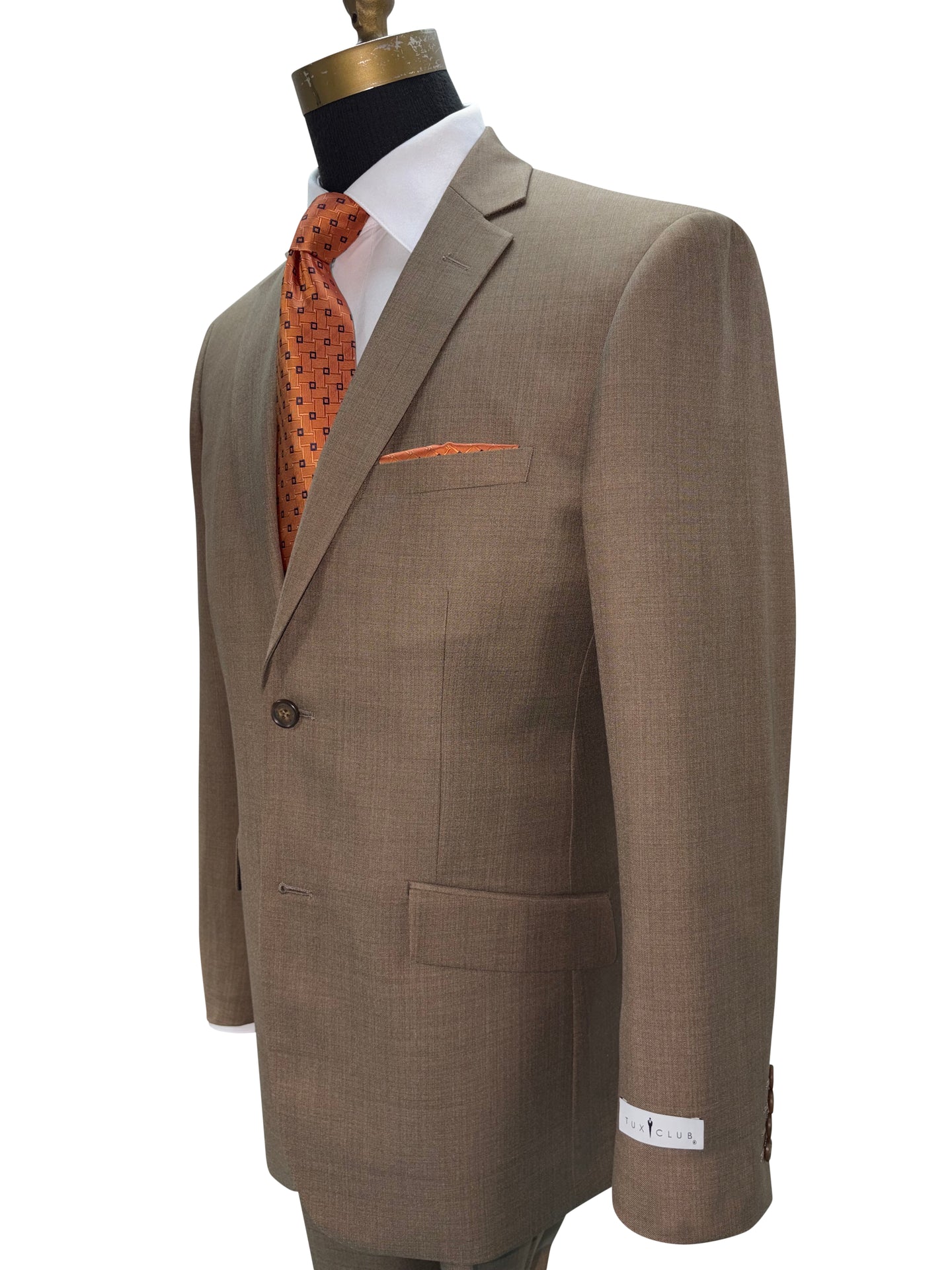 close-up side view-tabac brown men's 2 piece suit on a life size mannequin with an orange necktie and orange pocket handkerchief