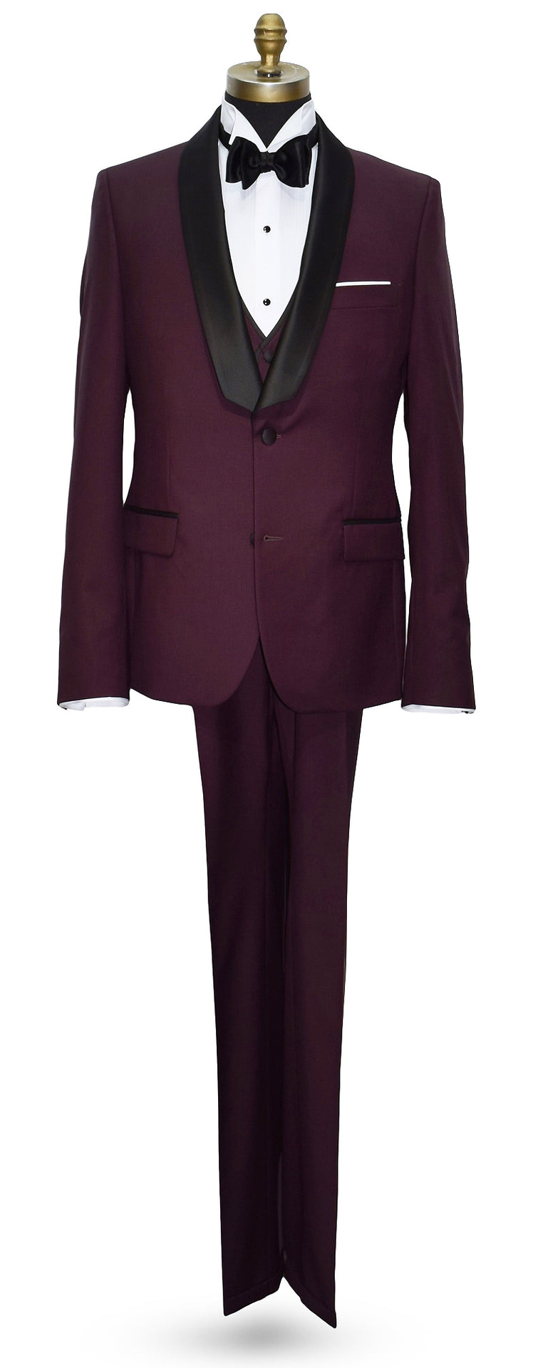 life size mannequin wearing a Burgundy shawl collar tuxedo with black lapels, a white wing collar tuxedo shirt with a black satin bowtie and the matching burgundy vest against a white background