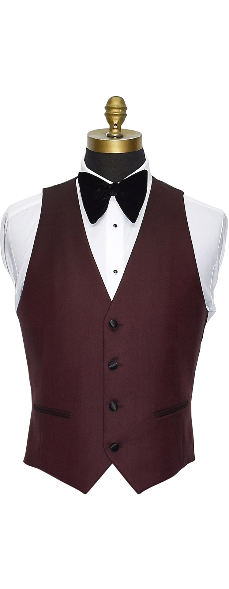 burgundy wool vest with a white tuxedo shirt and black bowtie against a white background