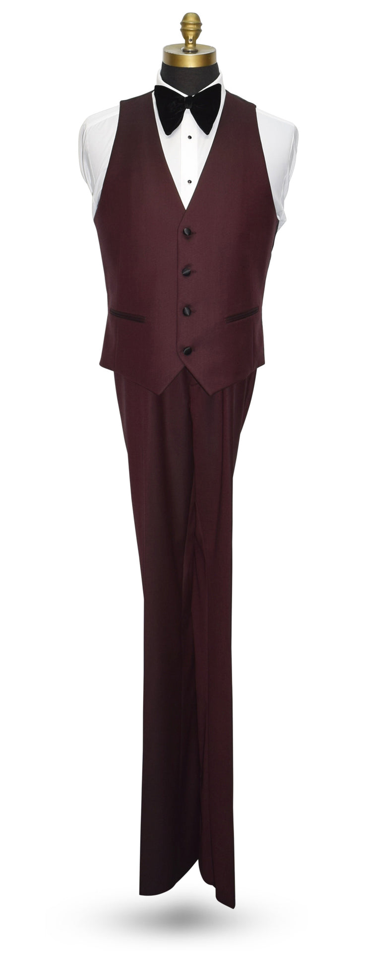 life-size mannequin wearing a white shirt with a burgundy wool vest and burgundy wool pants and a black "butterfly" bowtie against a white background