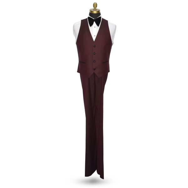mannequin wearing a burgundy tuxedo vest with a large velvet butterfly bowtie against a white background