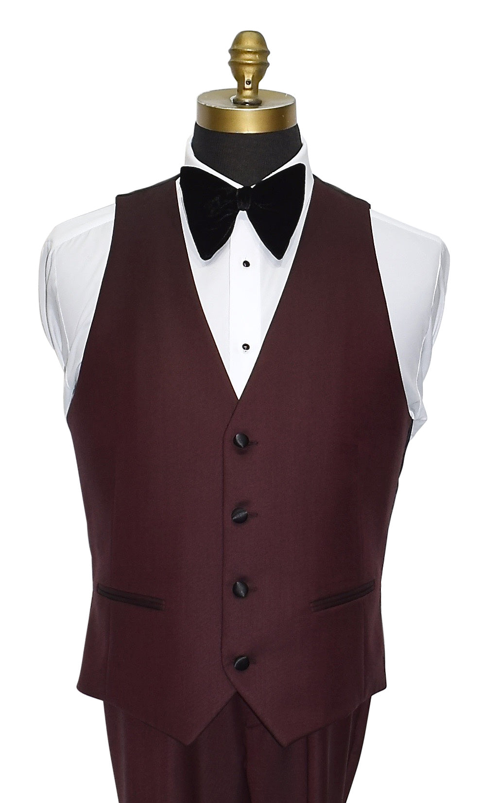 Maroon vest with large black velvet butterfly bowtie on a mannequin against a white background