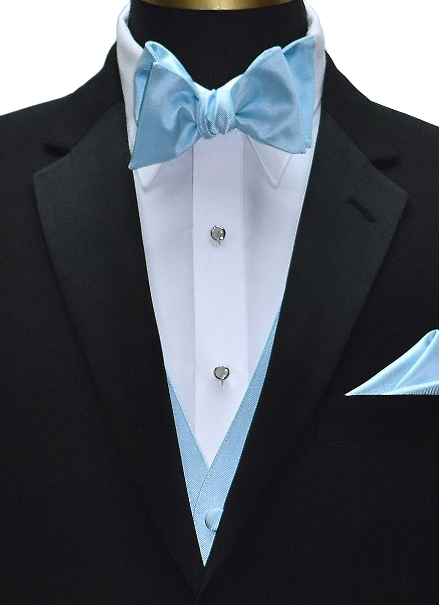 Black tuxedo with capri-blue "tie-yourself" bow tie and matching capri-blue tuxedo vest and pocket handkerchief on a white background