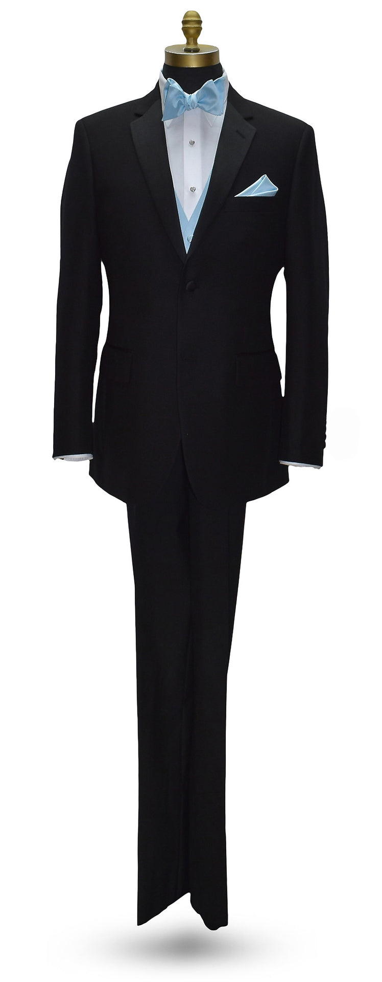 life-size mannequin of black notch lapel tuxedo with white tuxedo shirt with a capri-blue "tie-yourself" bowtie and matching capri-blue tuxedo vest and pocket handkerchief against a white background