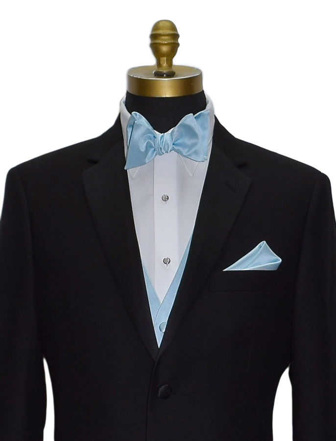 close-up black notch lapel tuxedo with a white tuxedo shirt and a capri blue tuxedo vest and a capri-blue self-tie bowtie against a white background