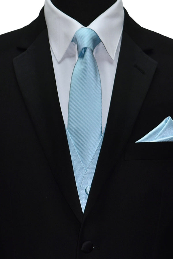 close-up black tuxedo wearing a capri-blue tuxedo vest and capri-blue striped necktie on a white shirt against a white background
