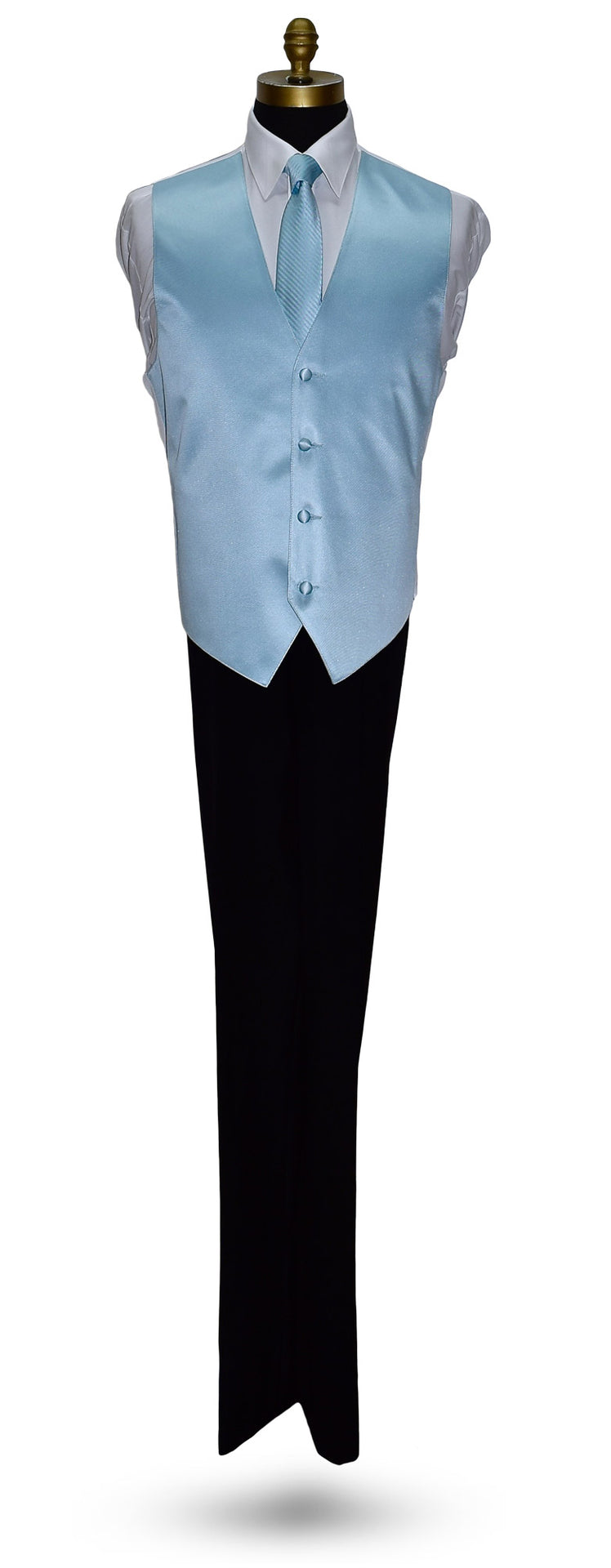 life-size mannequin wearing a capri-blue tuxedo vest and capri-blue striped necktie against a white background