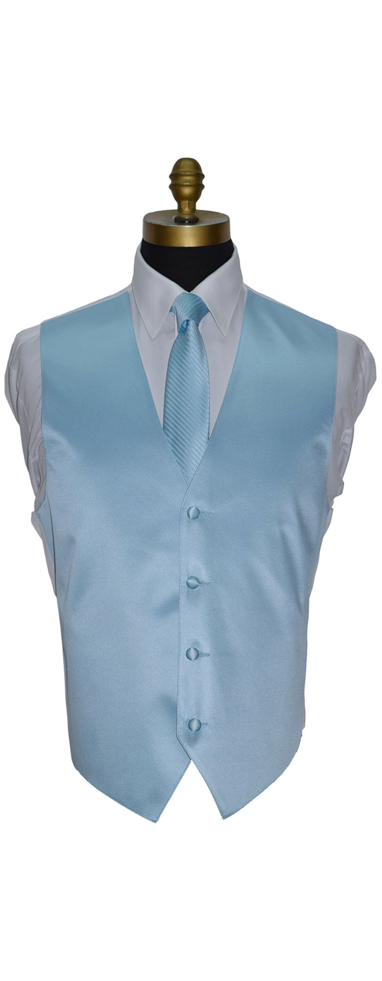 Mannequin wearing a white shirt with a capri-blue tuxedo vest with a matching capri-blue necktie with subtle stripe against a white background