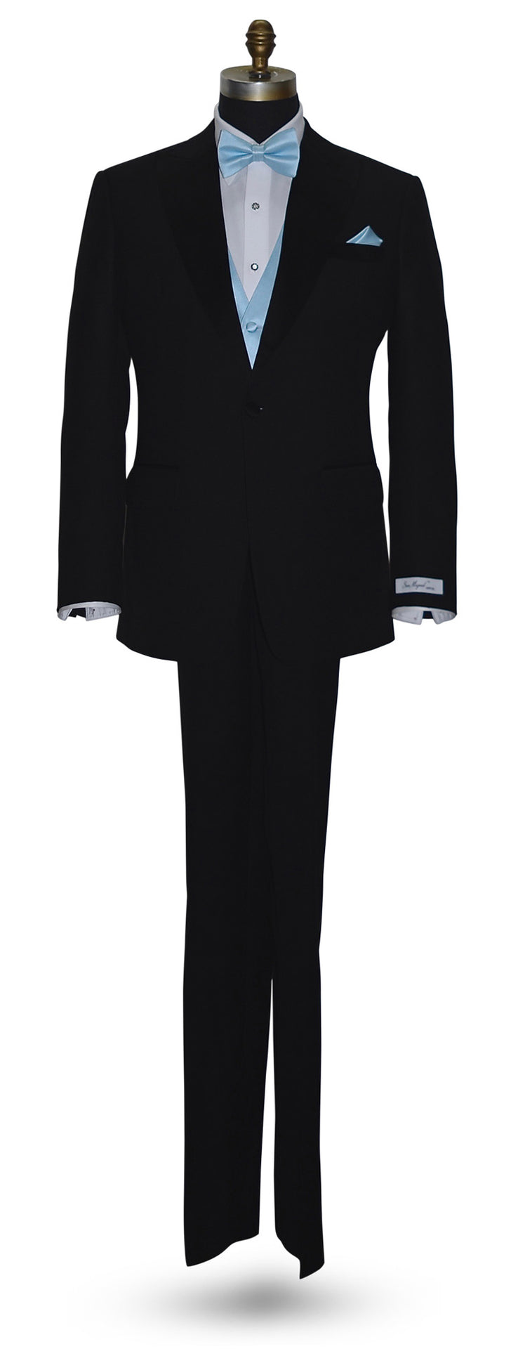 full size mannequin wearing a "San Miguel Especial" black peak-lapel tuxedo with a white dress shirt and a capri-blue tuxedo vest and  capri-blue "pre-tied" bowtie and pocket handkerchief against a white background