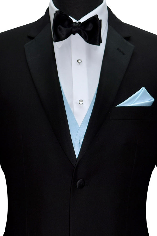 very close-up black notch lapel tuxedo with a white shirt and a capri-blue tuxedo vest with a black satin bowtie against a white background
