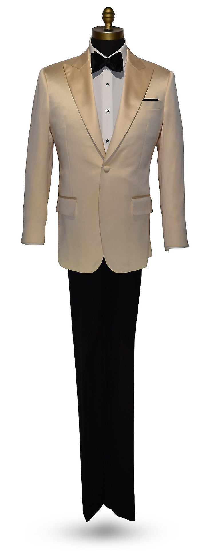life size mannequin wearing a champagne satin colored dinner jacket with a white tuxedo shirt and a black satin "tie-yourself" bowtie and black tuxedo pants against a white background