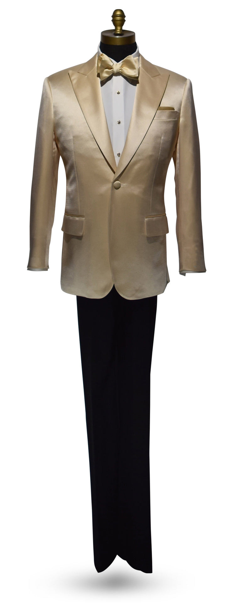 life size mannequin wearing a champagne satin colored dinner jacket with a white tuxedo shirt and a champagne colored "tie-yourself" bowtie against a white background