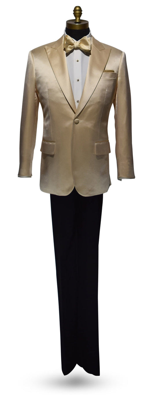 life size mannequin wearing a champagne satin colored dinner jacket with a white tuxedo shirt and a champagne colored "tie-yourself" bowtie against a white background