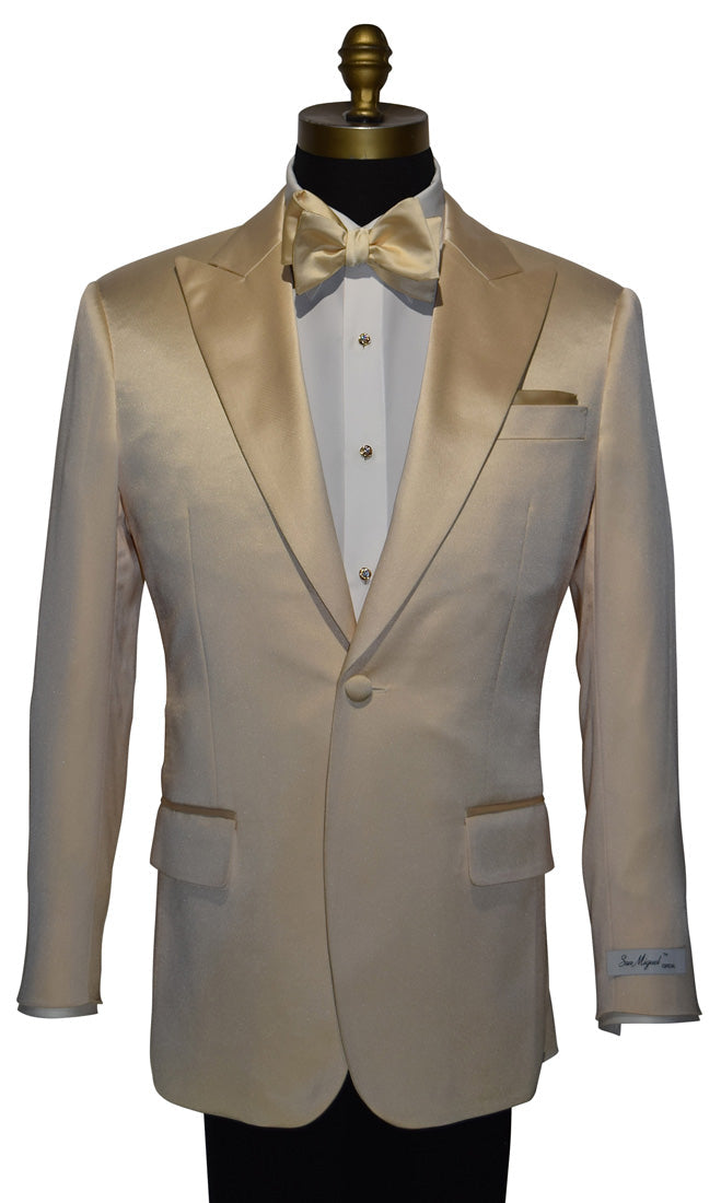 close-up front view mannequin wearing a champagne satin colored dinner jacket with a white tuxedo shirt and a champagne colored "tie-yourself" bowtie against a white background