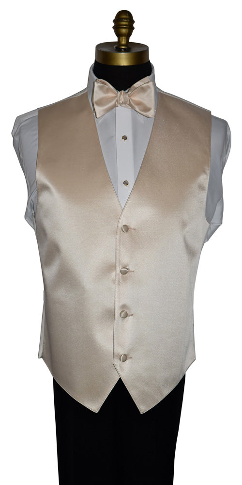 Champagne satin vest and champagne "tie-yourself" bowtie over a white shirt on a mannequin with a plain background