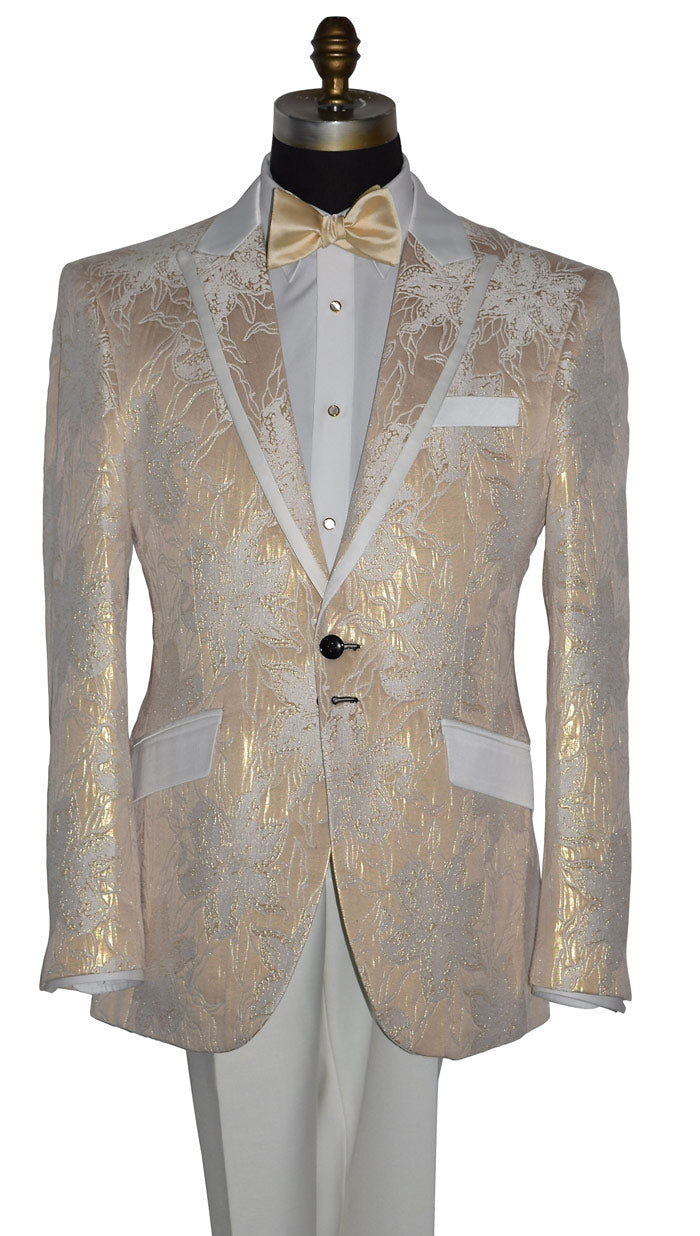 close-up Champagne color tuxedo with satin trim on the peak lapels shown with ivory pants and an champagne tie-yourself bowtie on a mannequin against a white background