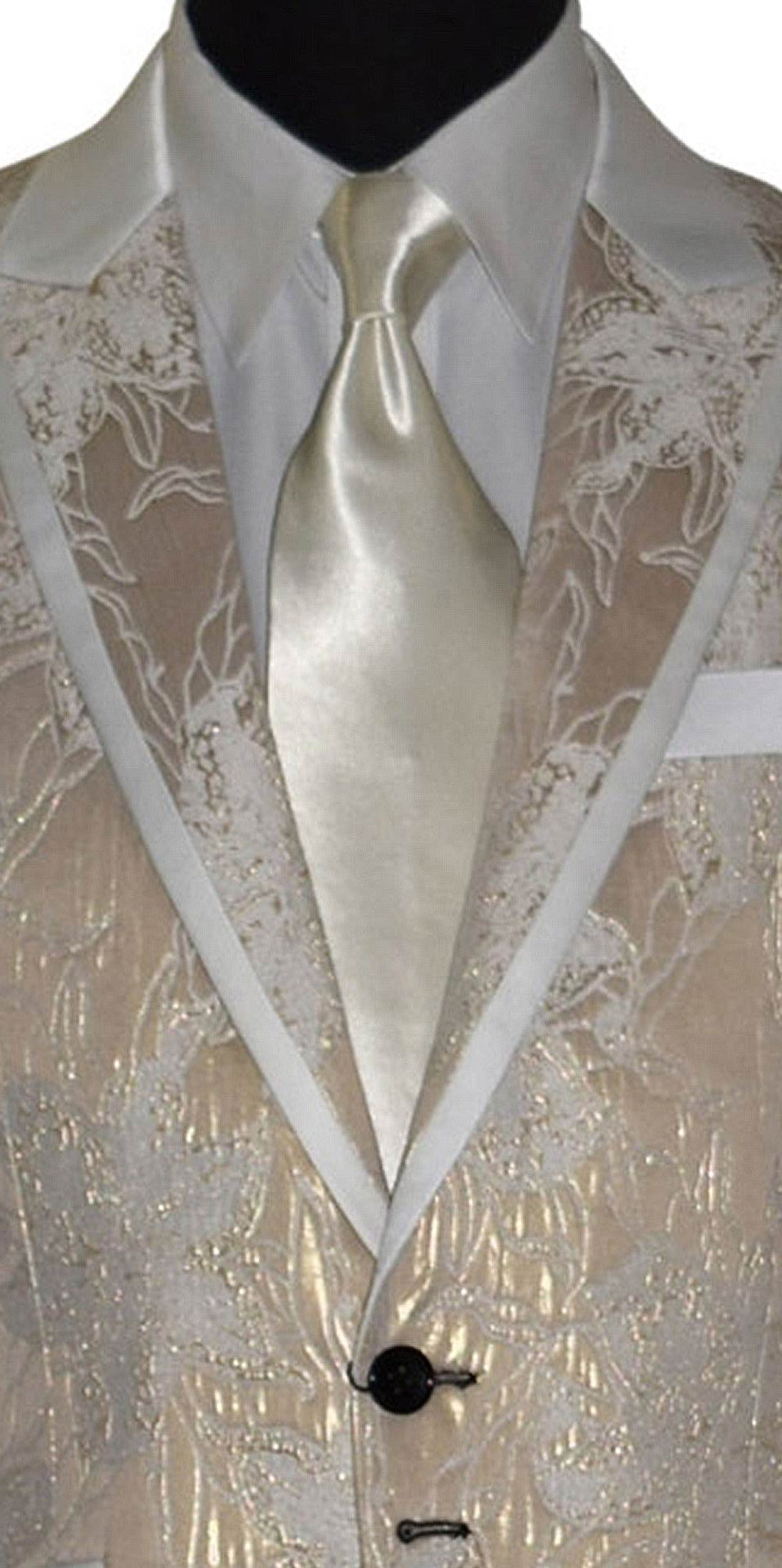 very close up mannequin wearing a champagne tuxedo with a white shirt and off-white sating necktie 