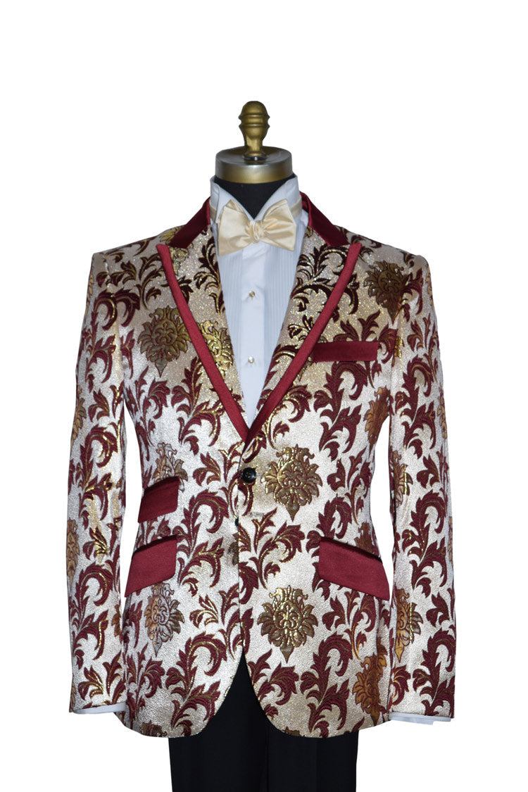 close-up mannequin wearing a champagne colored tuxedo with gold and burgundy floral pattern against a white background