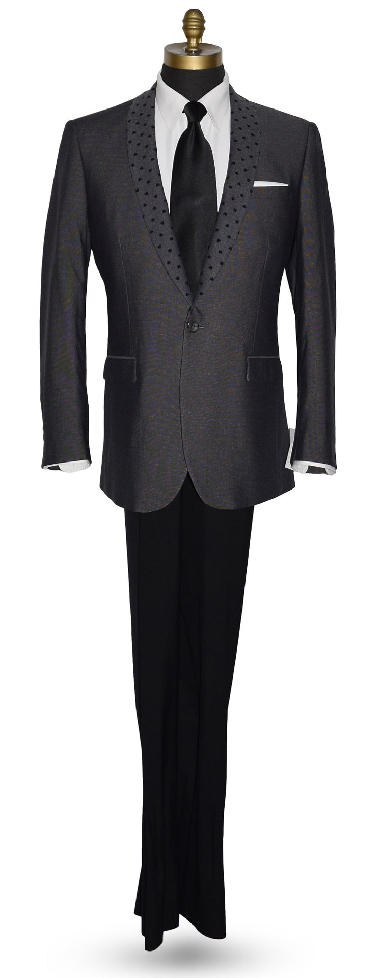 mannequin wearing a charcoal gray dinner jacket with a white tuxedo shirt and black long neck-tie against a white background