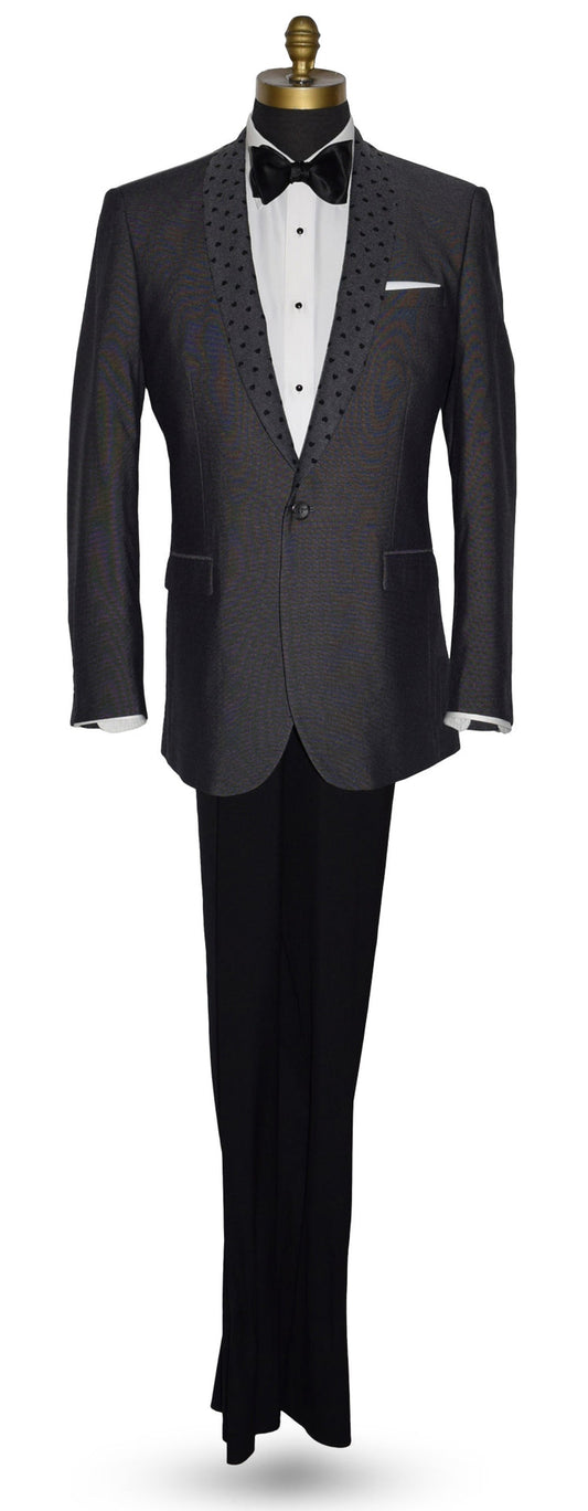 life size mannequin wearing a charcoal gray dinner jacket with a white shirt and black bow tie on a mannequin against a white background