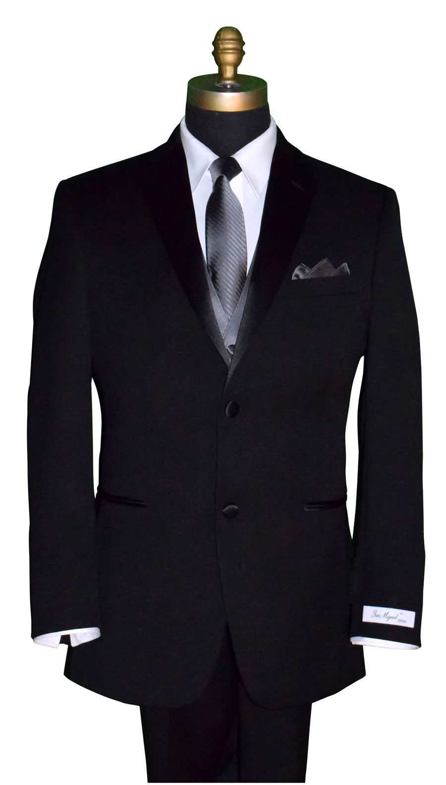 black notch-lapel tuxedo wearing a charcoal tuxedo vest with a charcoal striped necktie against a white background