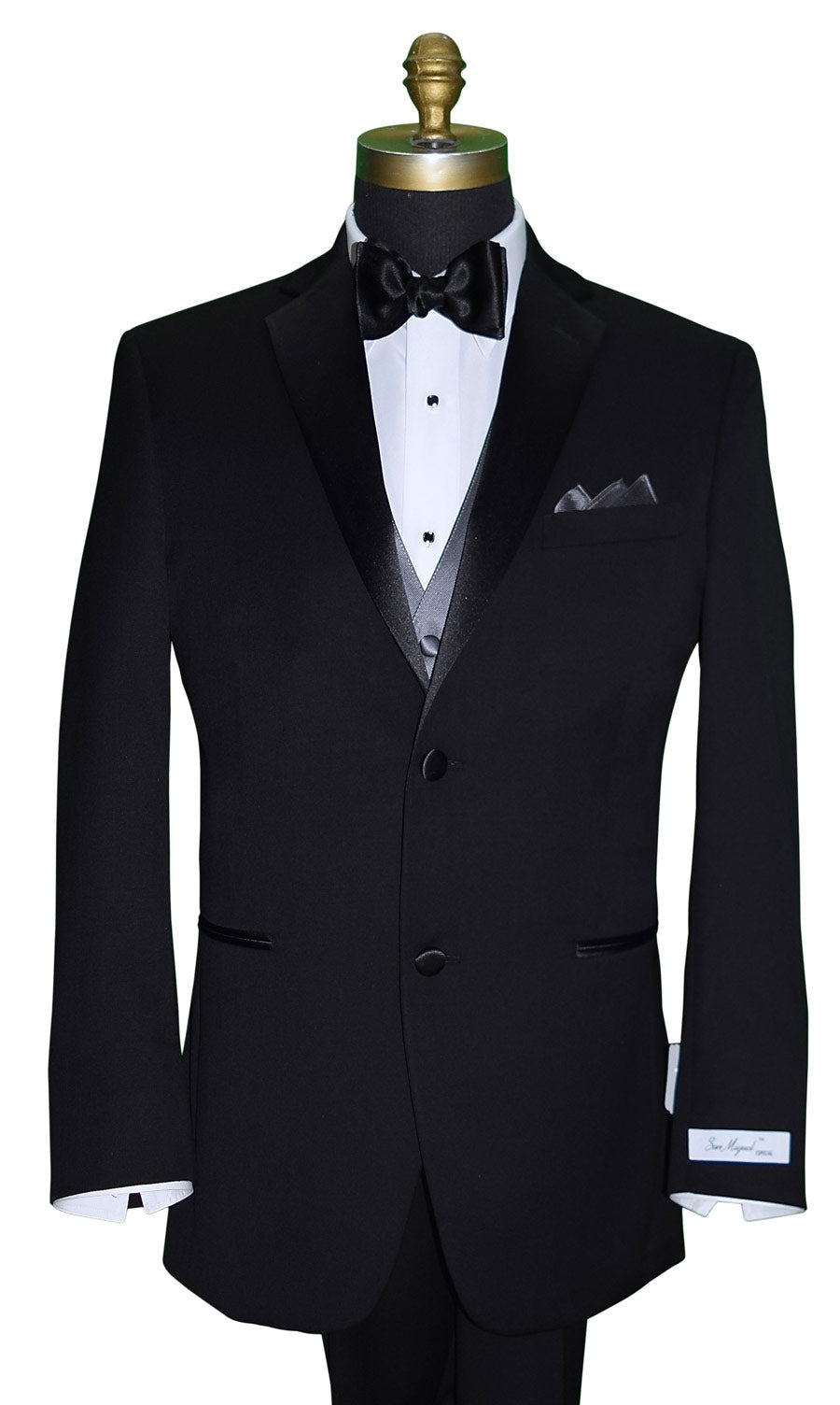 Mannequin wearing a black "San Miguel Especial" notch-lapel tuxedo with a white dress shirt and a charcoal tuxedo vest with a black satin "tie-yourself" bowtie against a white background