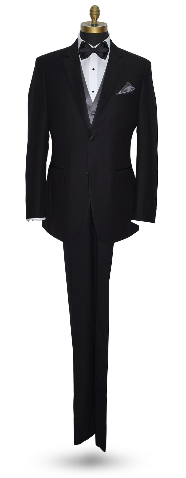 life-size mannequin wearing a black notch-lapel tuxedo with a white dress shirt and a charcoal tuxedo vest with a black satin "pre-tied" bow tie against a white background