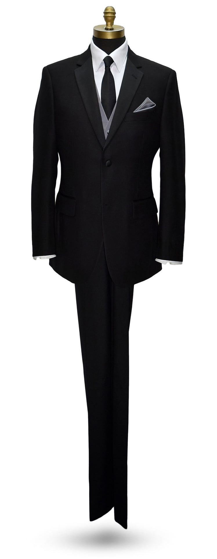 life size mannequin wearing a black notch-lapel tuxedo with a charcoal tuxedo vest with a black satin "skinny" necktie against a white background