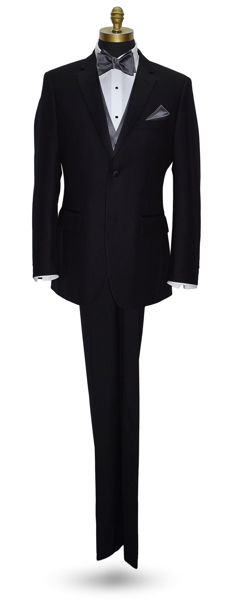 life-size mannequin wearing a black notch-lapel tuxedo with a white dress shirt and a charcoal tuxedo vest with a charcoal "self-tie" bow tie and charcoal pocket handkerchief against a white background