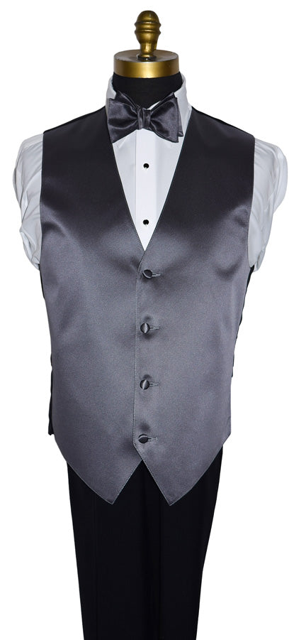 Charcoal-gray tuxedo vest and "tie-yourself" bowtie set on a mannequin against a white background