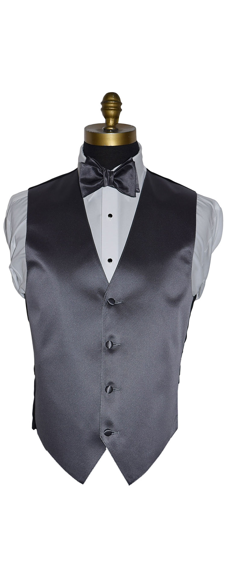 Charcoal tuxedo vest on a mannequin with a white shirt and charcoal "self-tie" bow tie against a white background