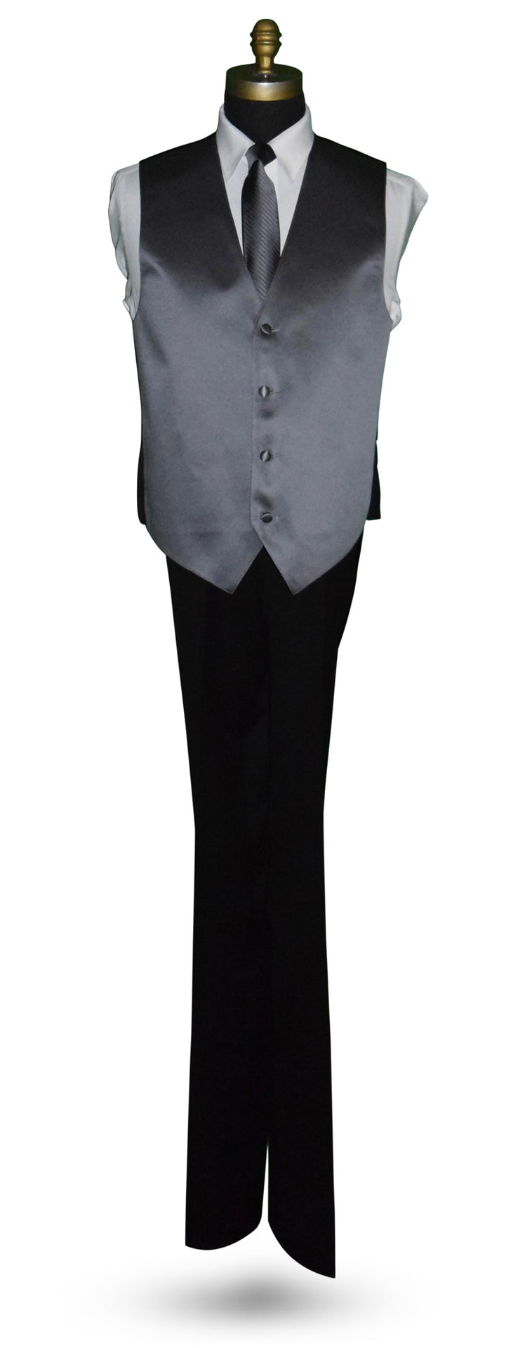 full size mannequin wearing a white shirt and black pants with a charcoal sating tuxedo vest and charcoal necktie with subtle charcoal stripe against a white background
