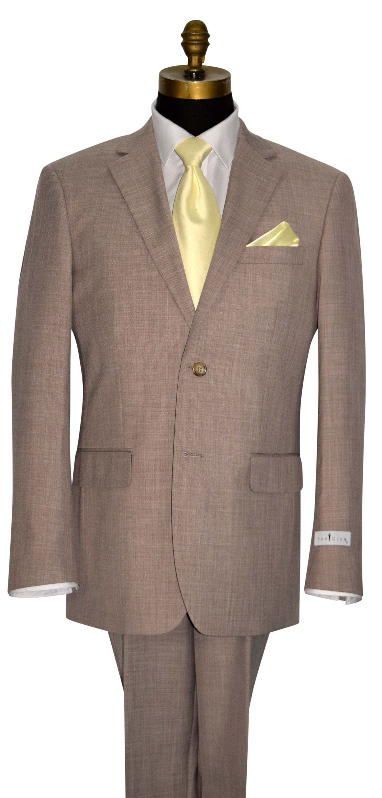 mannequin wearing a brown men's suit with a yellow necktie against a white background