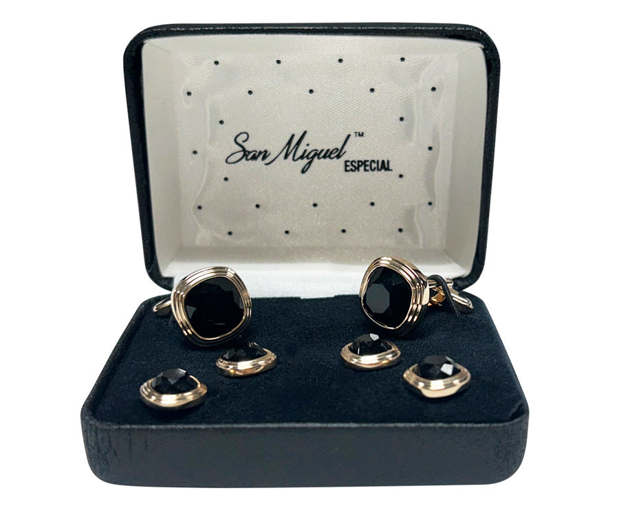 Cufflink and studs set with black stones and rose-gold setting in a 'San Miguel Especial' branded box.