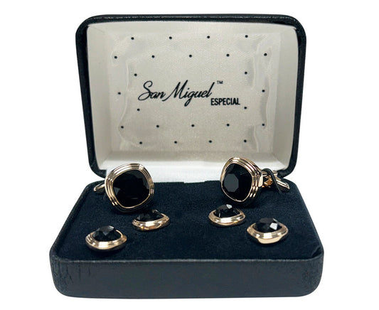 Cufflink and studs set with black stones and rose-gold setting in a 'San Miguel Especial' branded box.